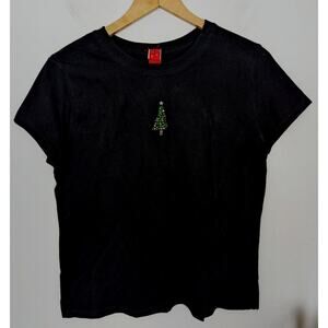 Vintage Y2K Rhinestone Christmas Tree Tee Women's size large L Black Green